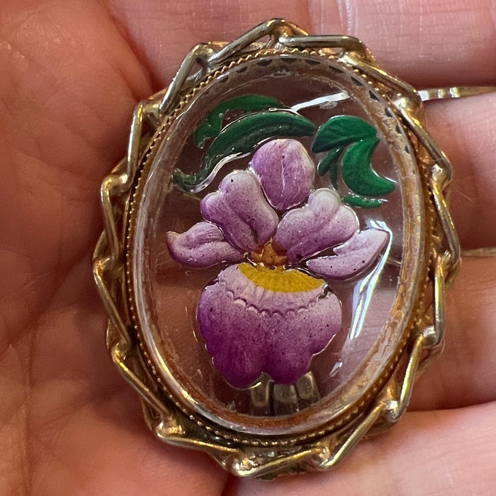 Lot Vintage Costume Cameo Avon Serena rose mirror reverse painted brooch pendant - Picture 9 of 13